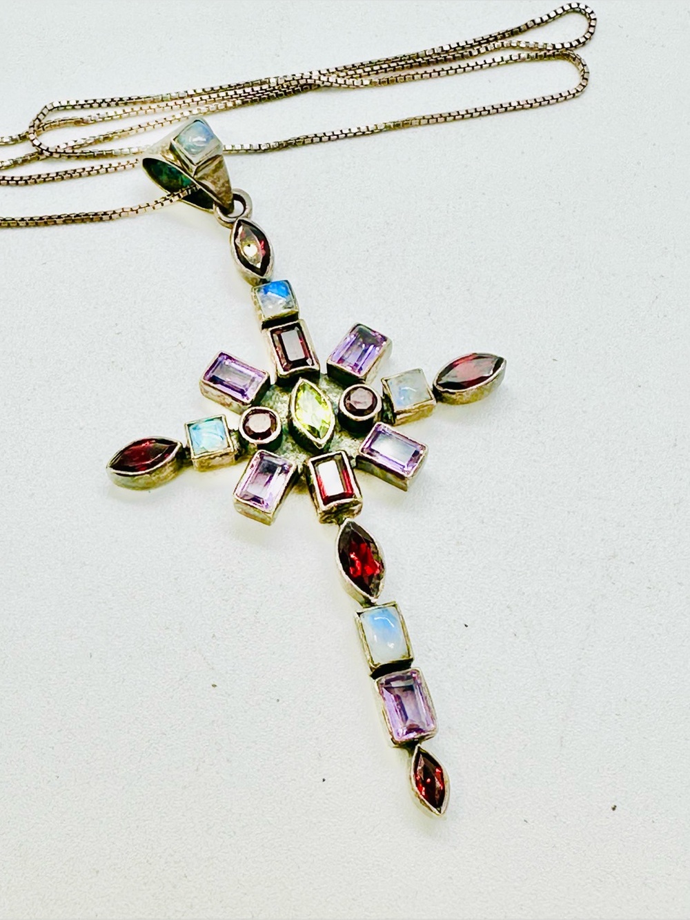 Nicky Butler Sterling Silver Multi Stone Cross Pendant Necklace 925 Multicolor